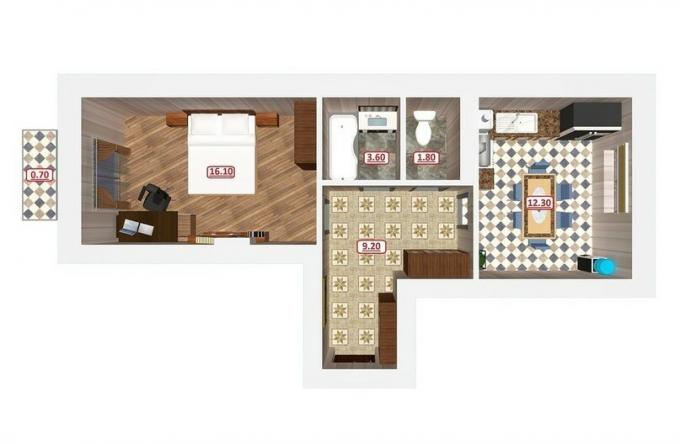 דירה-אפוד סטודיו: חדר שינה שמאל, בצד ימין - במטבח